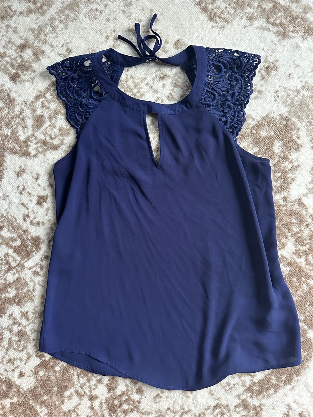 Express Navy Lace-Trim Short Sleeve Blouse